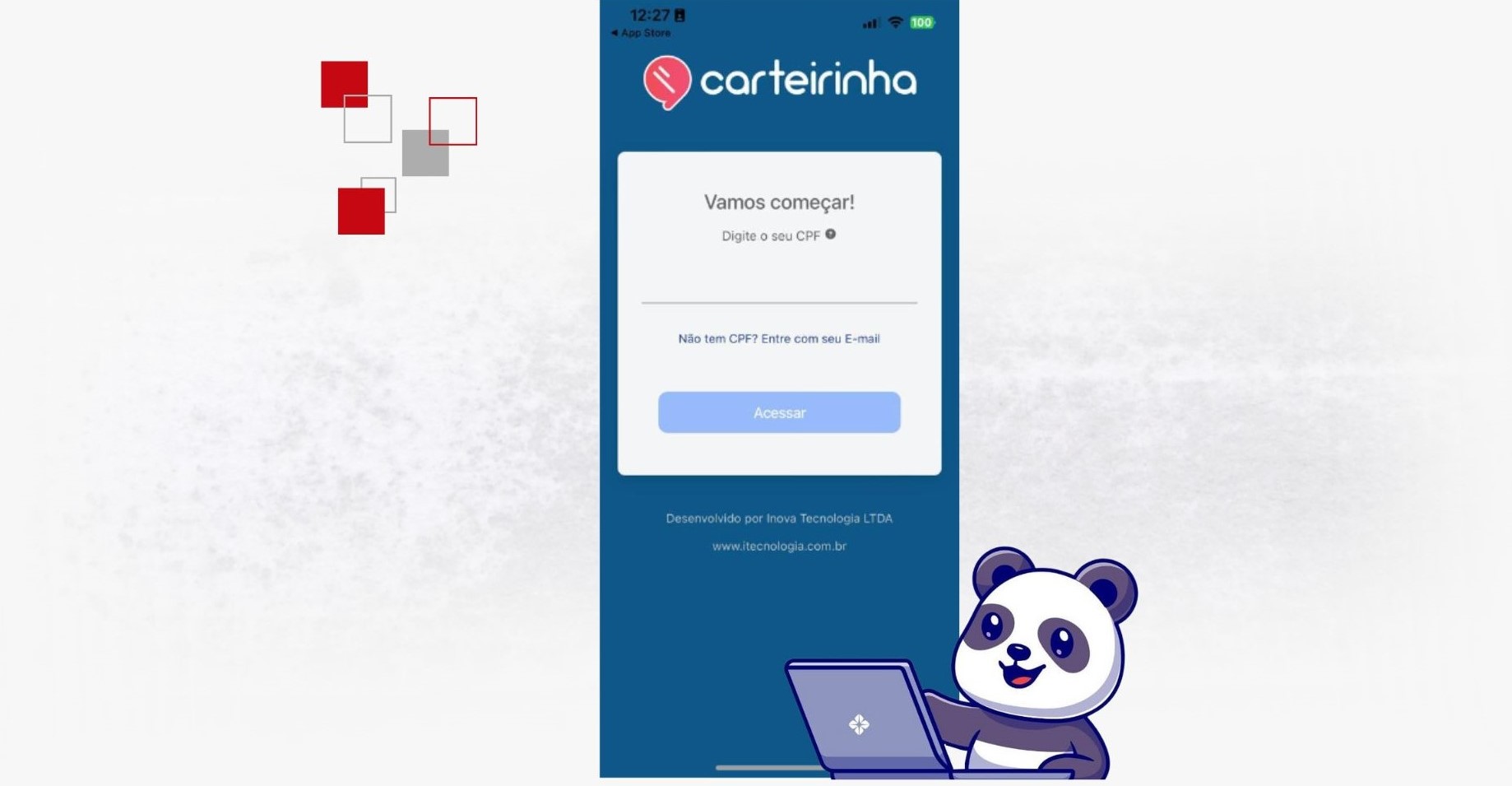Imagem da tela inicial do aplicativo para mobile da carteirinha
