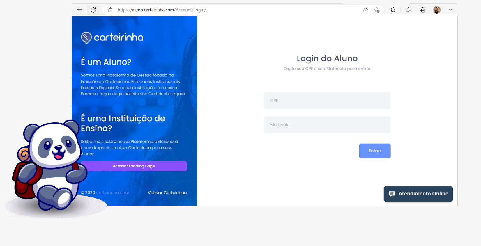 Tela de login do site da carteirinha